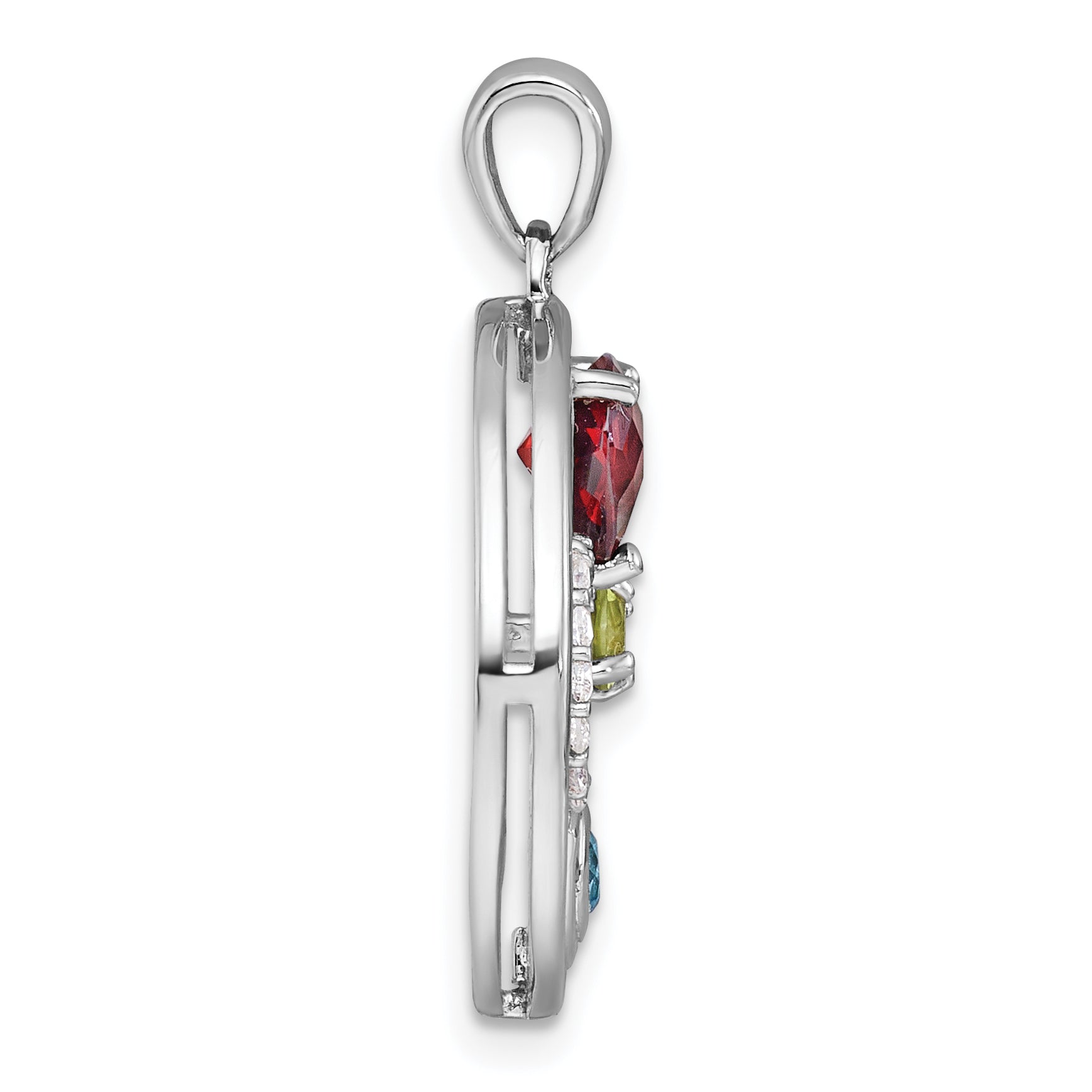 Sterling Silver Rhodium-plated Polished Garnet, Peridot and Light Swiss Blue and White Topaz Good Luck Pendant