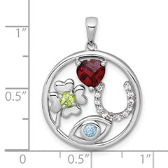 Sterling Silver Rhodium-plated Polished Garnet, Peridot and Light Swiss Blue and White Topaz Good Luck Pendant