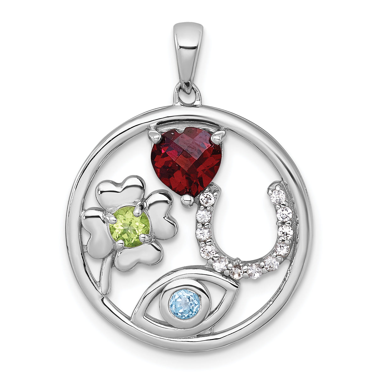 Sterling Silver Rhodium-plated Polished Garnet, Peridot and Light Swiss Blue and White Topaz Good Luck Pendant