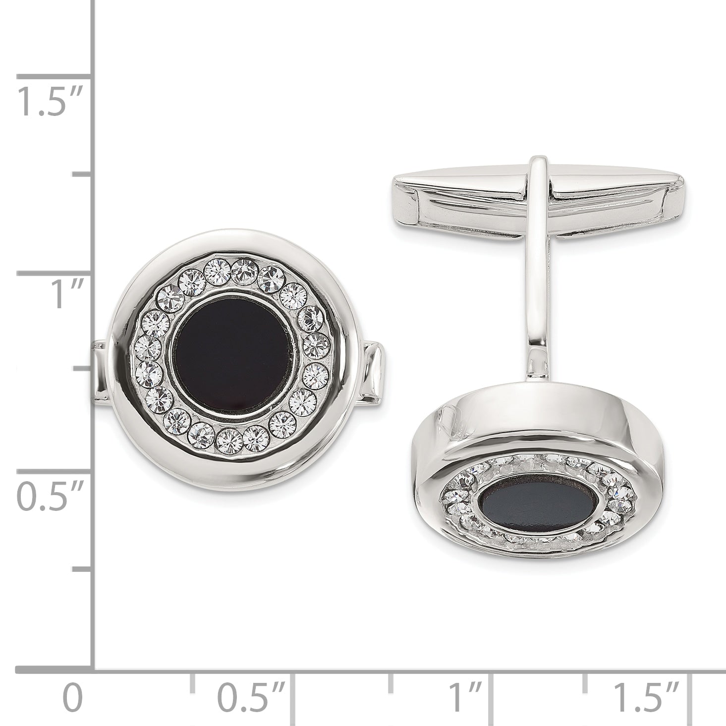 Sterling Silver Round Onyx and Crystal Cuff Links