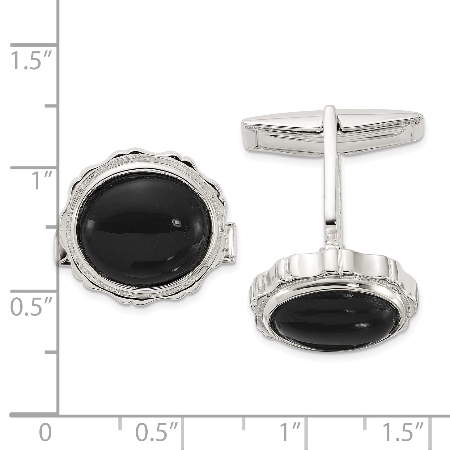 Sterling Silver Polished Round with Textured Sides Onyx Cuff Links