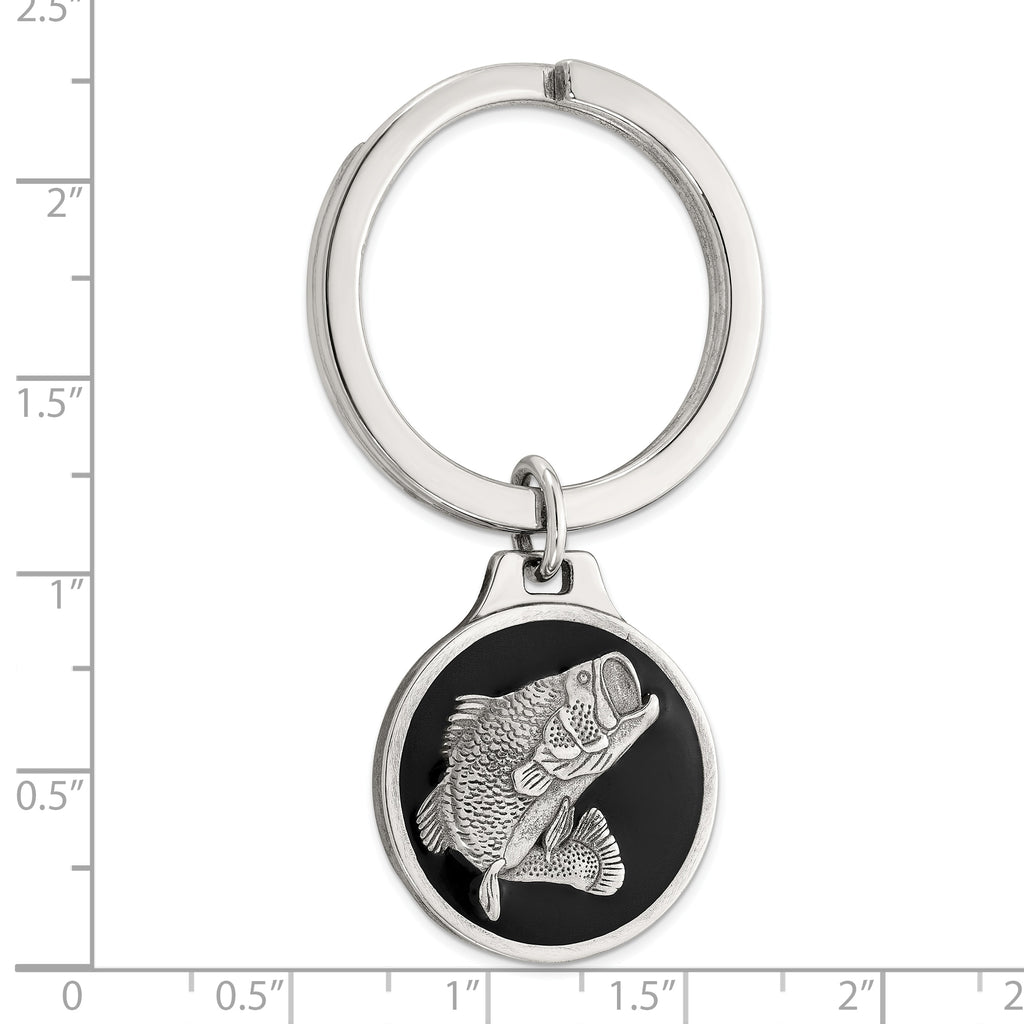 Sterling Silver Rhodium-plated Black Epoxy Bass Fish Keychain