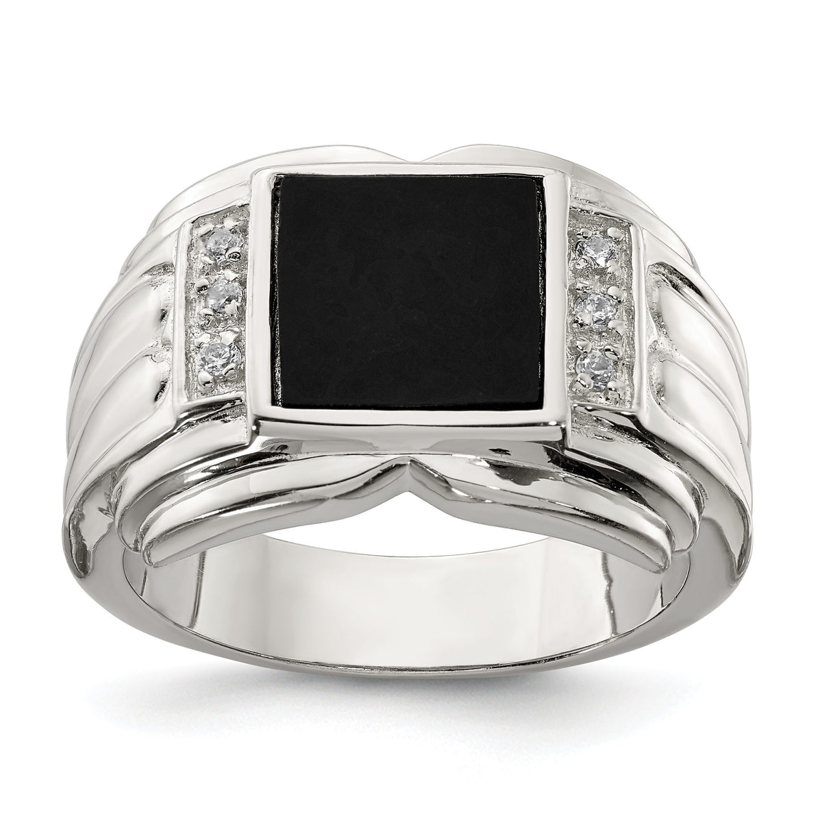 Men's Cubic Zirconia & Onyx Ring in Sterling Silver, Textured, Size 9–11 - Sophia Jewelers Main image