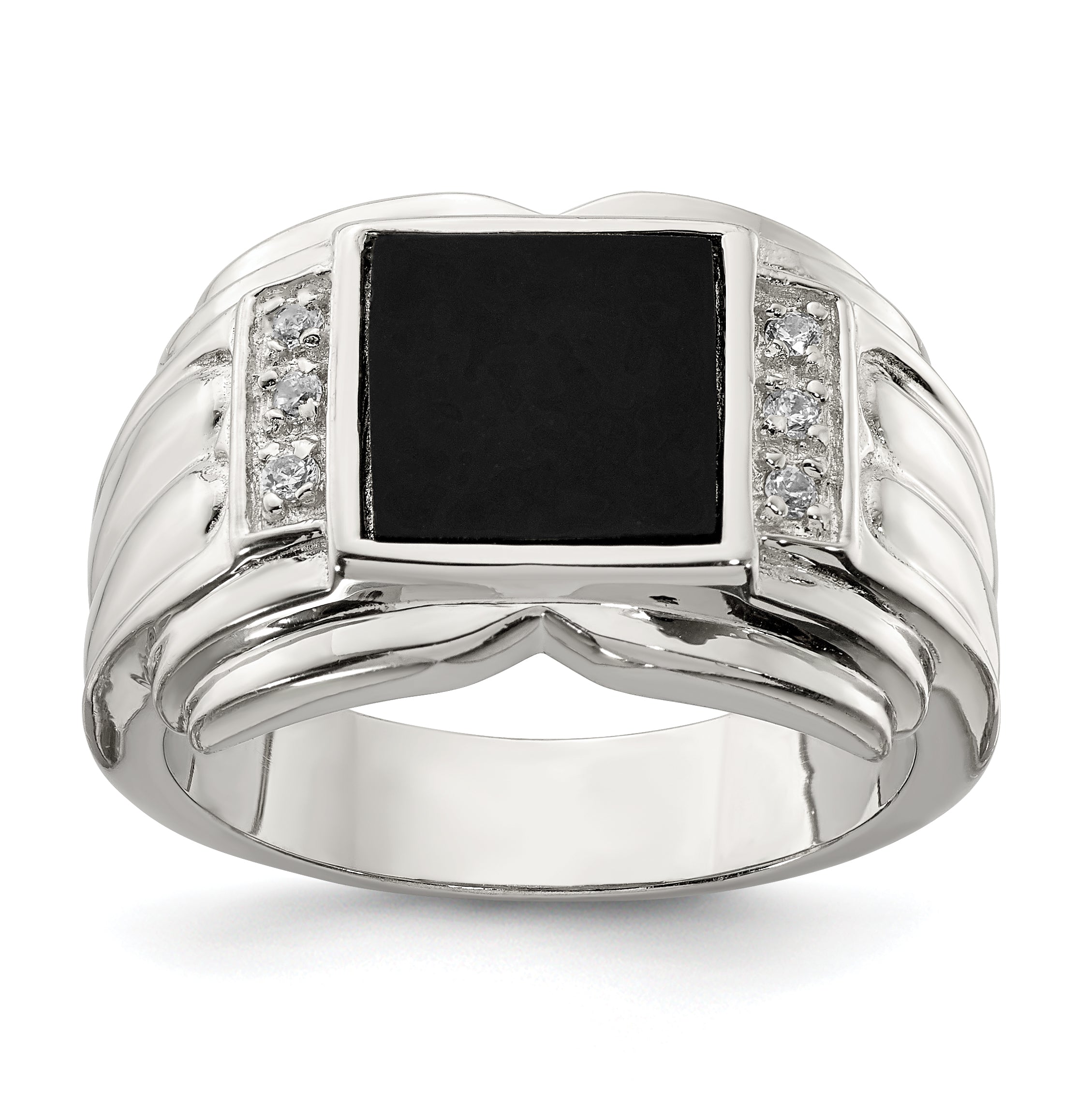 Sterling Silver Rhodium-plated CZ and Onyx Ring Main image