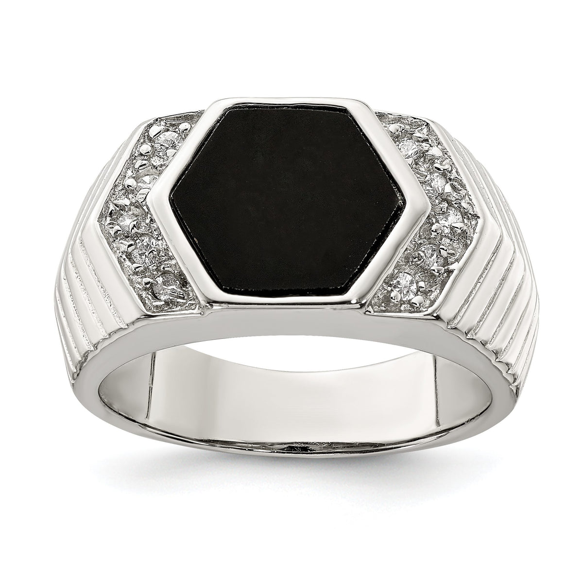 Sterling Silver Rhodium-plated Men's CZ and Onyx Ring, Size 9 - Sophia Jewelers Main image