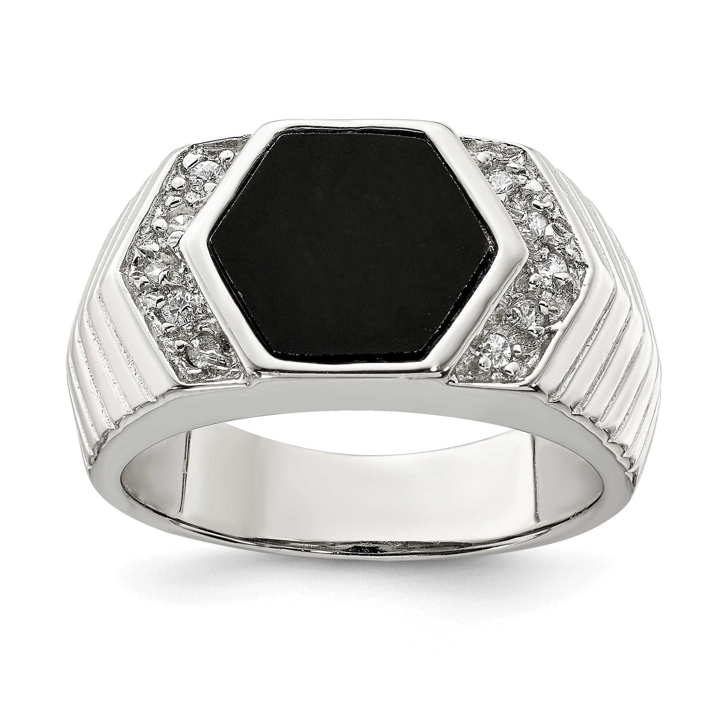 Sterling Silver Rhodium-plated Men's CZ and Onyx Ring Main image