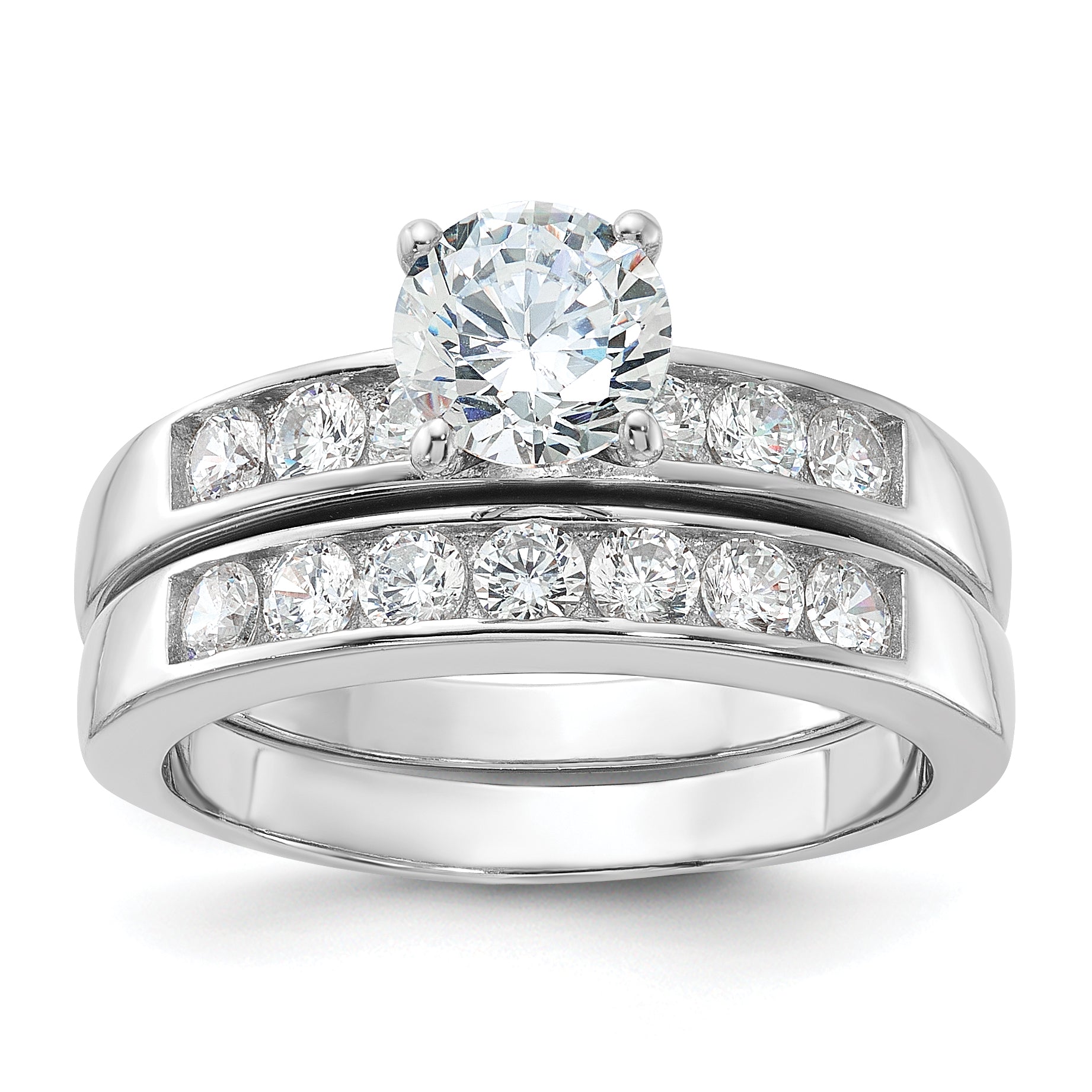 Sterling Silver Rhodium Plated CZ Engagement Ring and CZ Wedding Band Two Piece Set Main image
