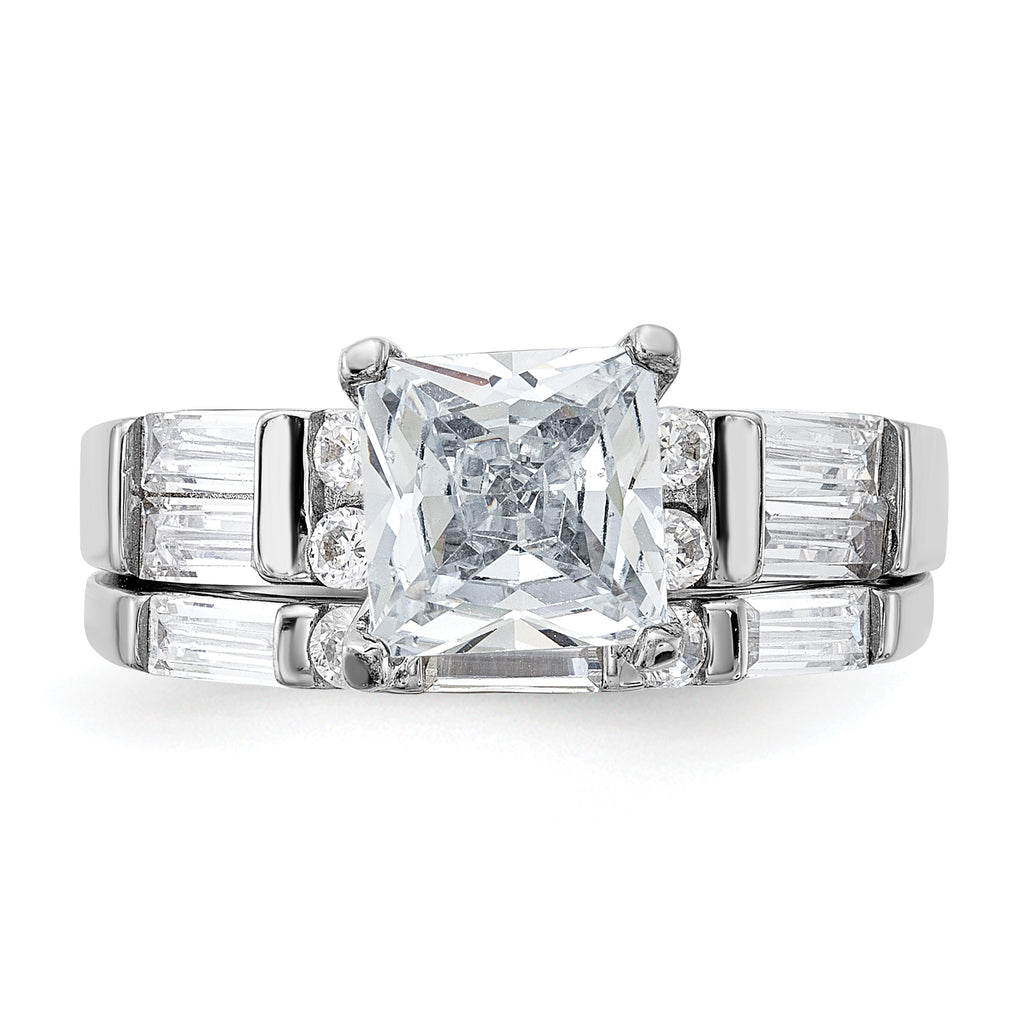 Sterling Silver Rhodium-Plated Plated Cubic Zirconi Engagement Ring and Cubic Zirconi Wedding Band Two Piece Set