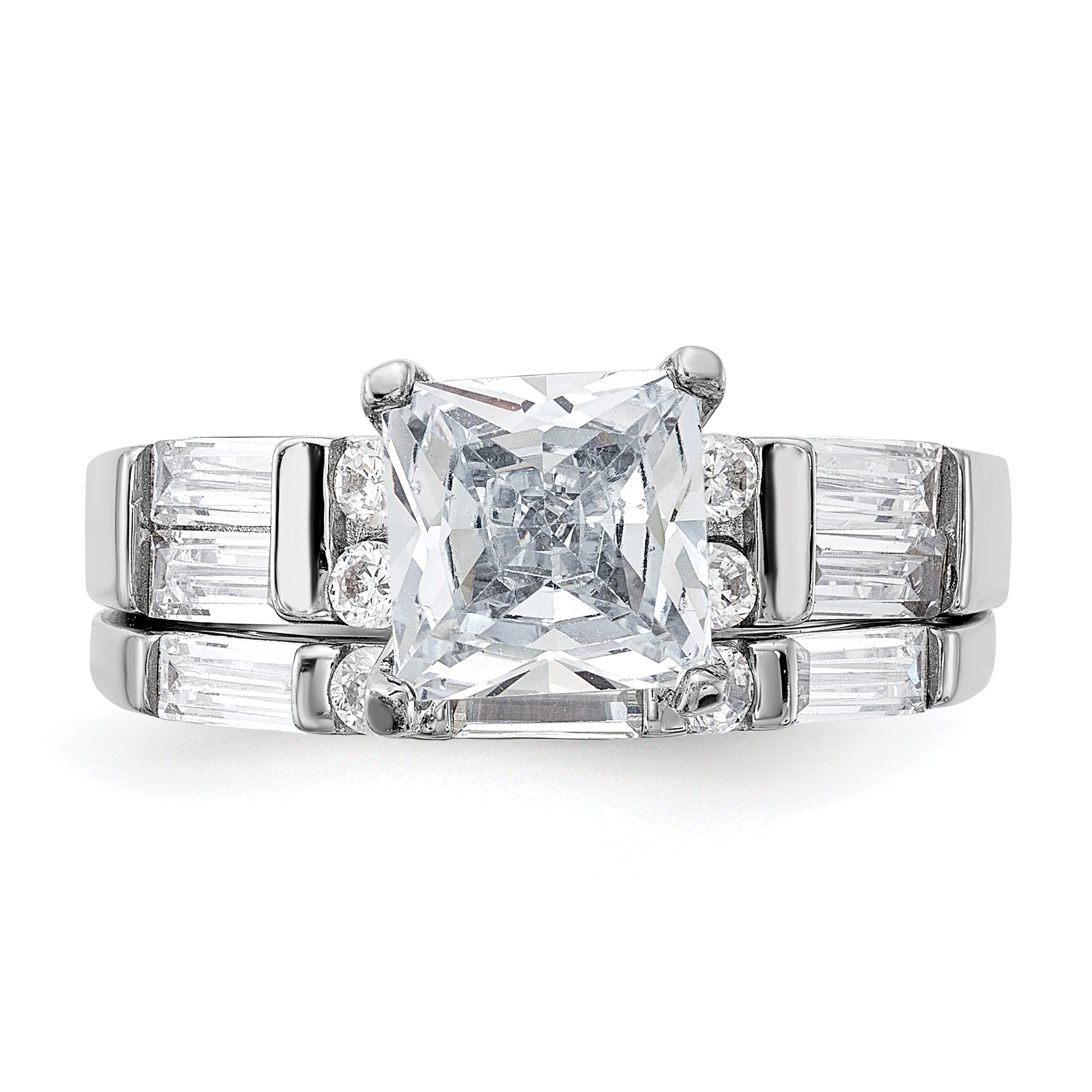 Sterling Silver Rhodium-Plated Plated Cubic Zirconi Engagement Ring and Cubic Zirconi Wedding Band Two Piece Set