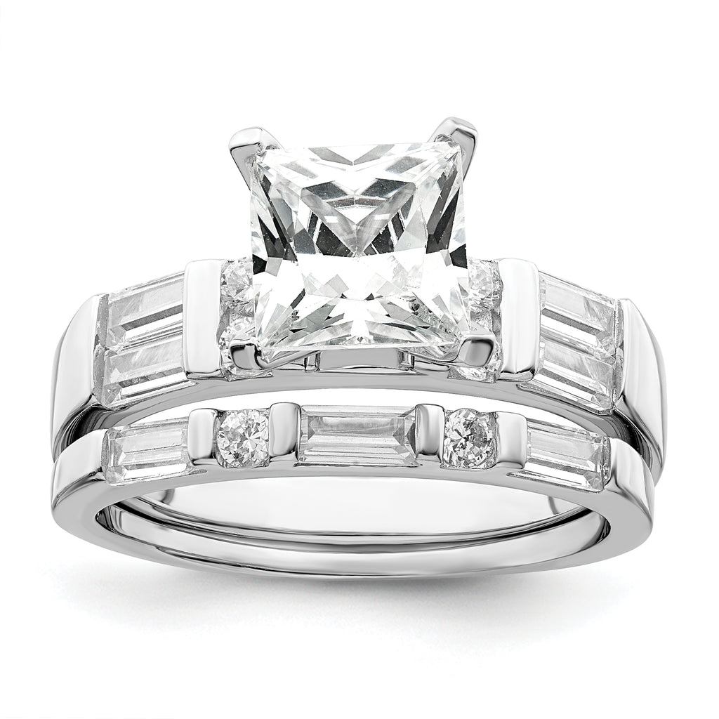 Sterling Silver Rhodium-Plated Plated Cubic Zirconi Engagement Ring and Cubic Zirconi Wedding Band Two Piece Set