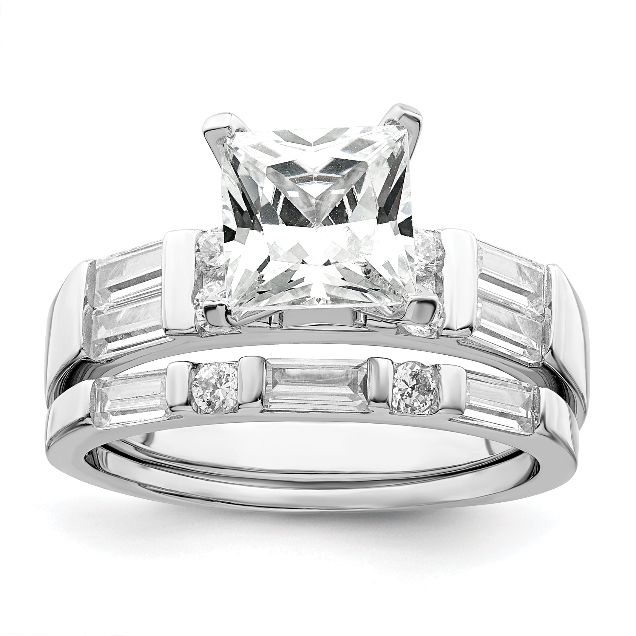 Sterling Silver Rhodium-Plated Plated Cubic Zirconi Engagement Ring and Cubic Zirconi Wedding Band Two Piece Set