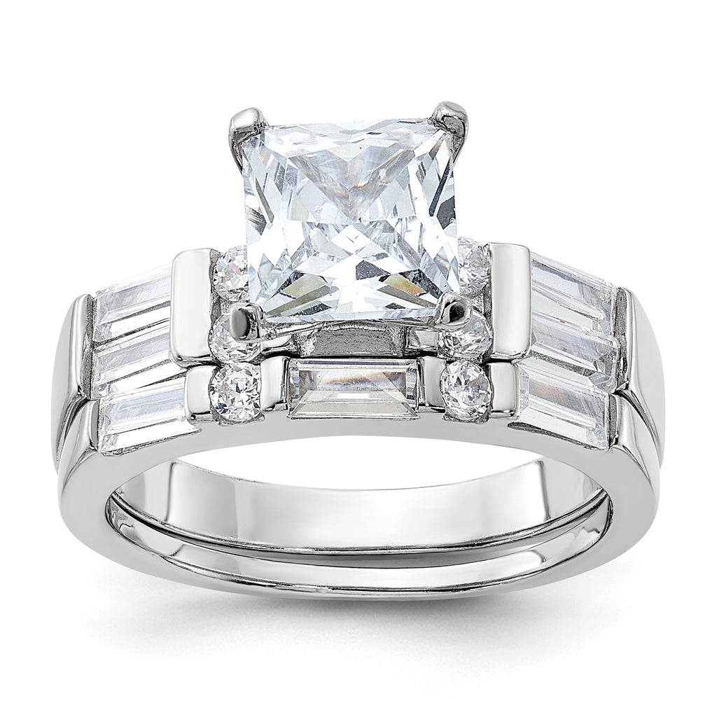Sterling Silver Rhodium-Plated Plated Cubic Zirconi Engagement Ring and Cubic Zirconi Wedding Band Two Piece Set
