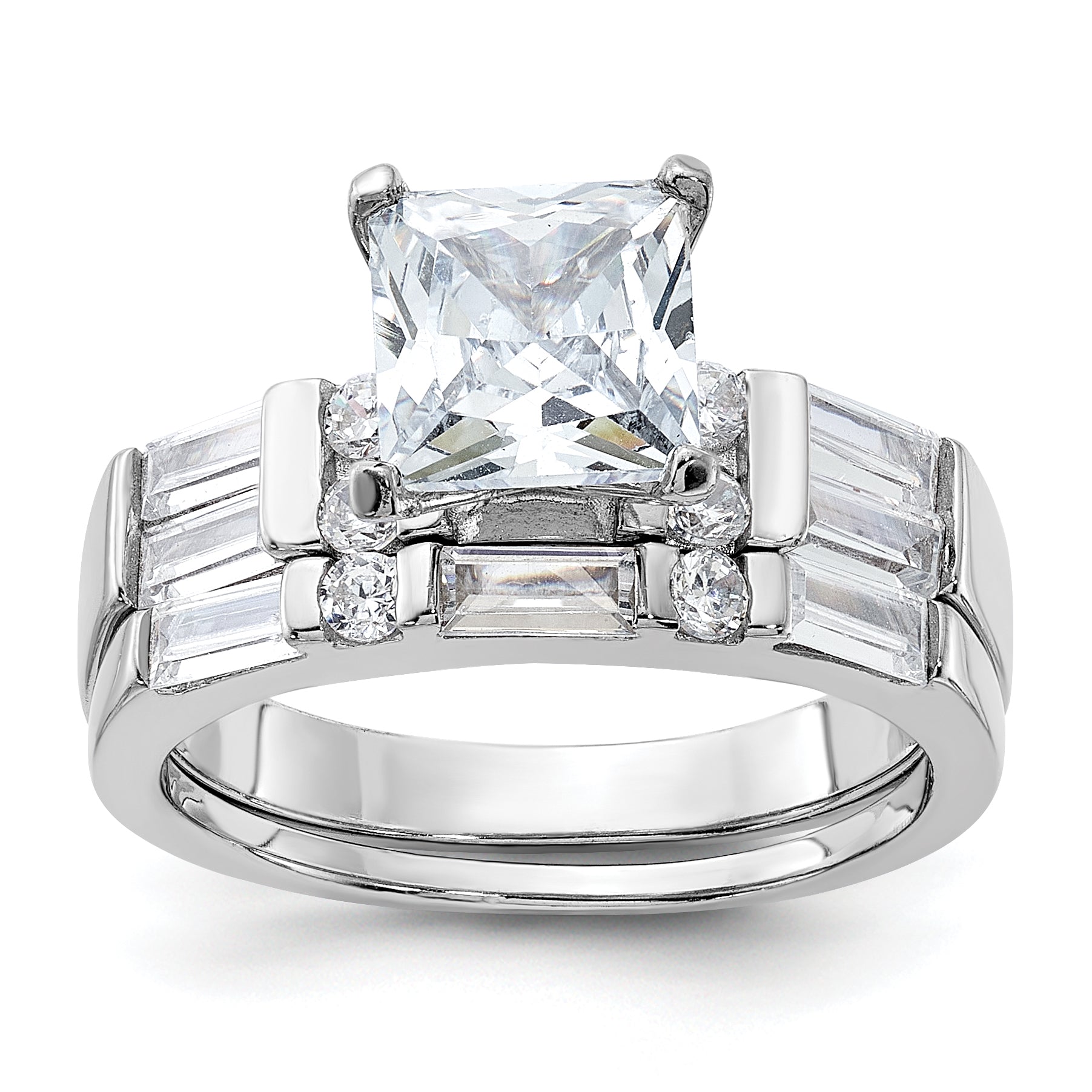 Sterling Silver Rhodium-Plated Plated Cubic Zirconi Engagement Ring and Cubic Zirconi Wedding Band Two Piece Set