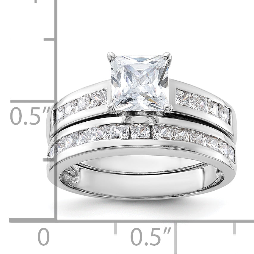 Sterling Silver Rhodium-Plated 2-Piece Cubic Zirconi Size 6 Wedding Set Ring