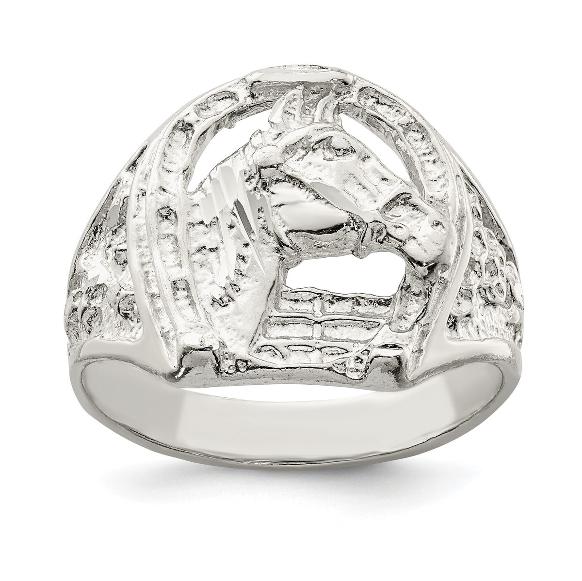 Men's Horseshoe Horse Head Ring in Sterling Silver, Textured - Sophia Jewelers Main image