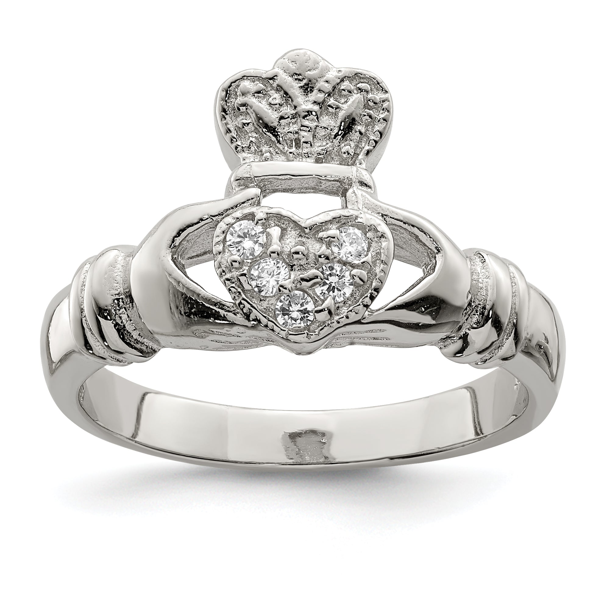 Sterling Silver Rhodium-plated CZ Claddagh Ring Main image