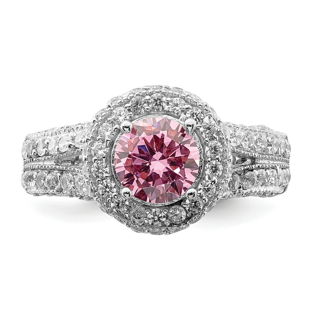Sterling Silver Rhodium plated 10mm Clear CZ and Pink Heart CZ Ring