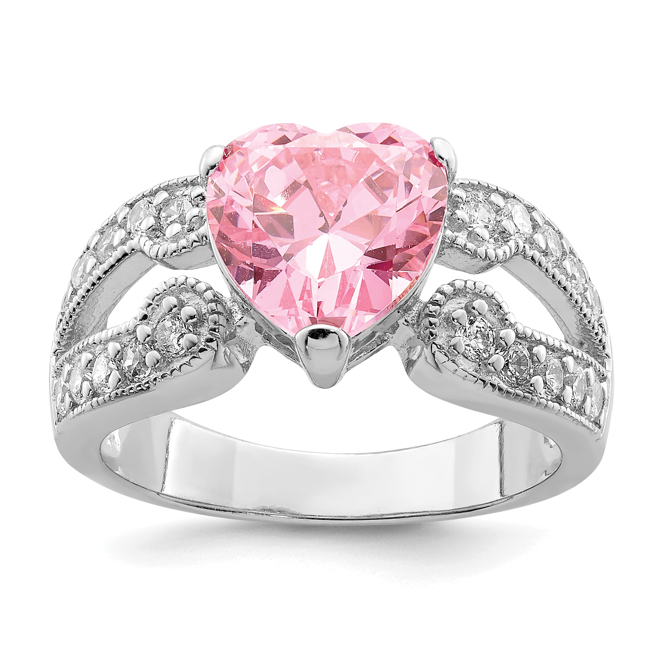 Sterling Silver Rhodium plated 10mm Clear CZ and Pink Heart CZ Ring Main image
