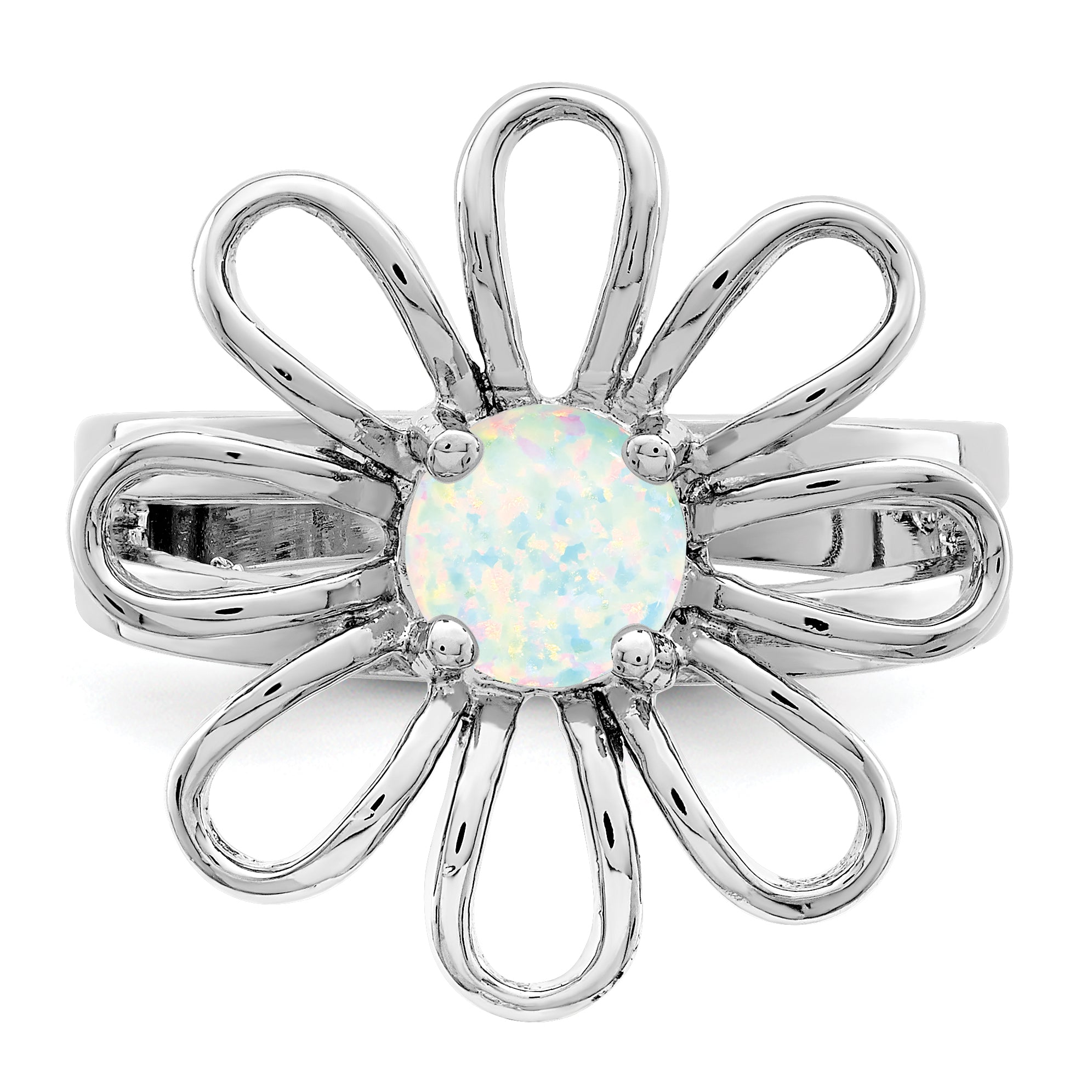 Sterling Silver Rhodium-plated Lab Created Opal Flower Ring