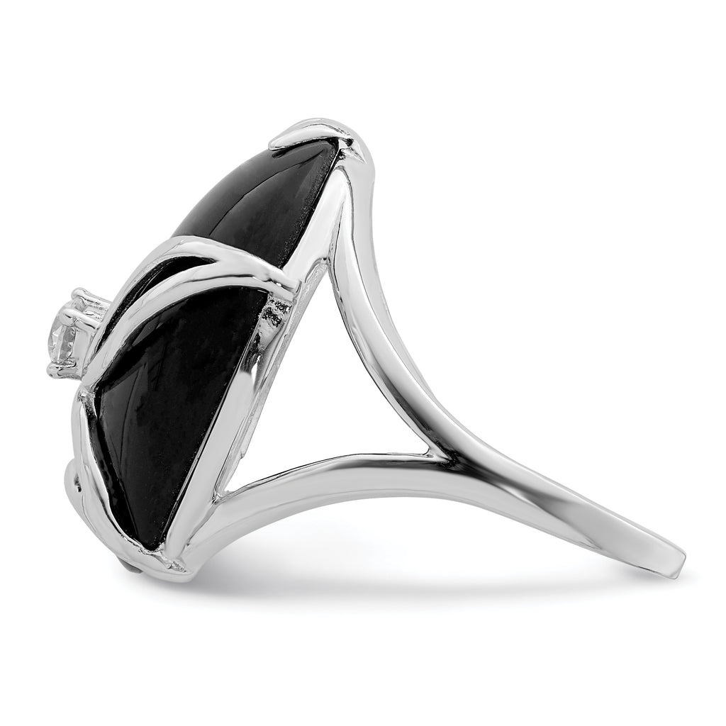 Sterling Silver Rhodium-Plated Onyx and Cubic Zirconi Ring