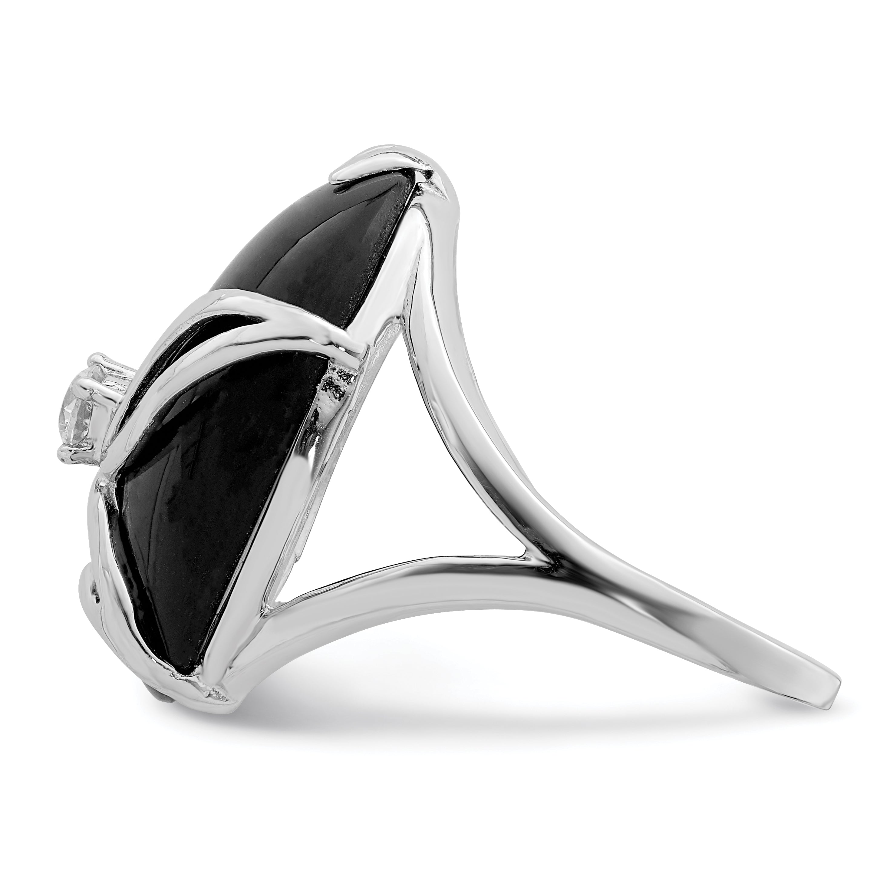 Sterling Silver Rhodium-Plated Onyx and Cubic Zirconi Ring