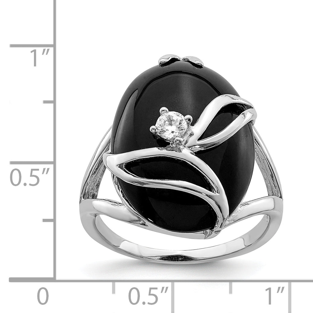 Sterling Silver Rhodium-Plated Onyx and Cubic Zirconi Ring