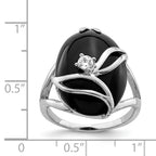 Sterling Silver Rhodium-Plated Onyx and Cubic Zirconi Ring