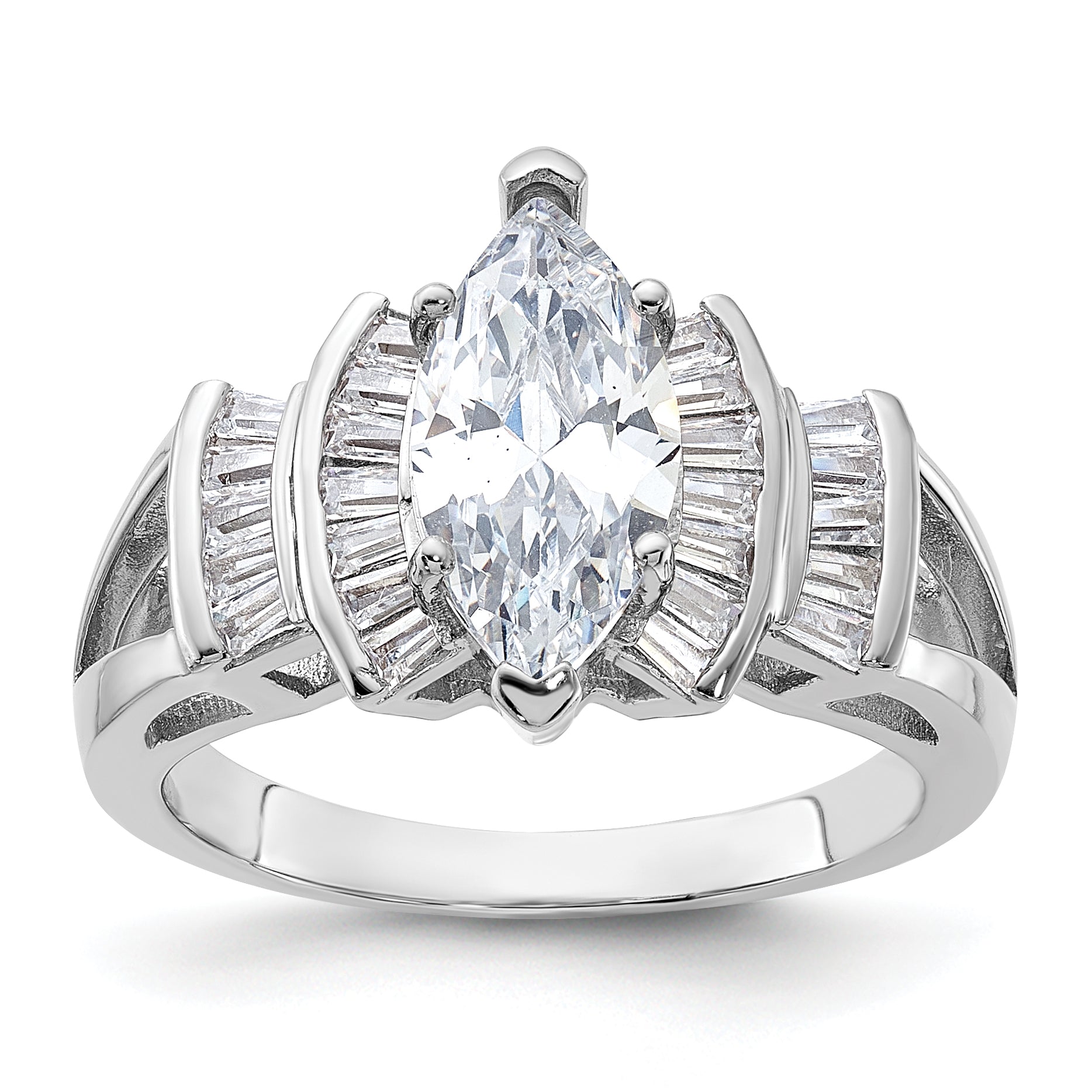 Sterling Silver Rhodium-plated Marquise Shape Center CZ Ring Main image