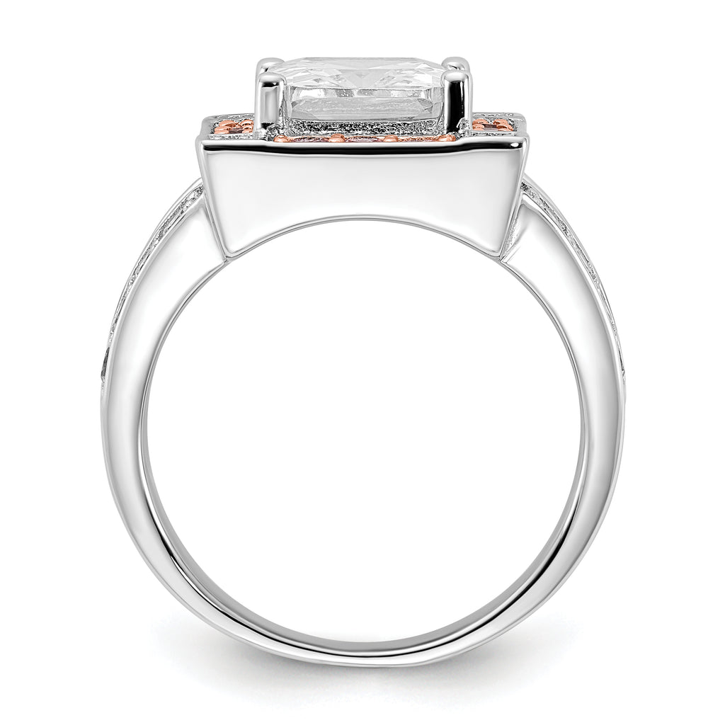 Sterling Silver w/ Rose-tone Vermeil Polished Square Pink & Clear CZ Ring