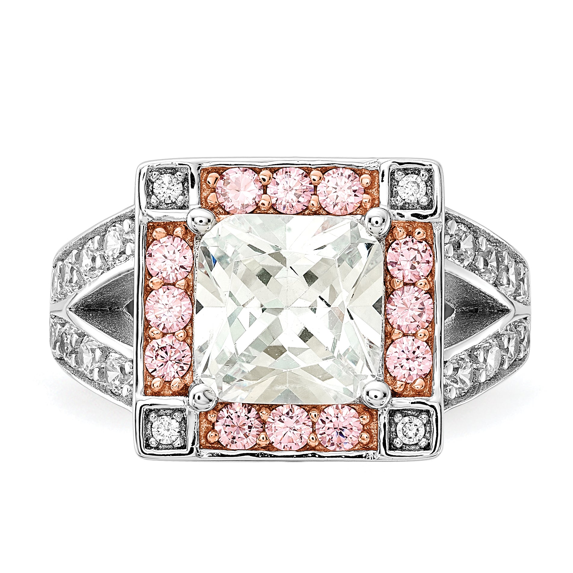 Sterling Silver w/ Rose-tone Vermeil Polished Square Pink & Clear CZ Ring