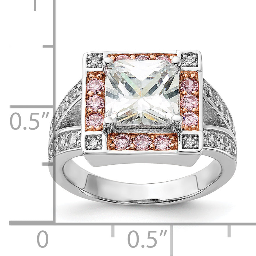 Sterling Silver w/ Rose-tone Vermeil Polished Square Pink & Clear CZ Ring