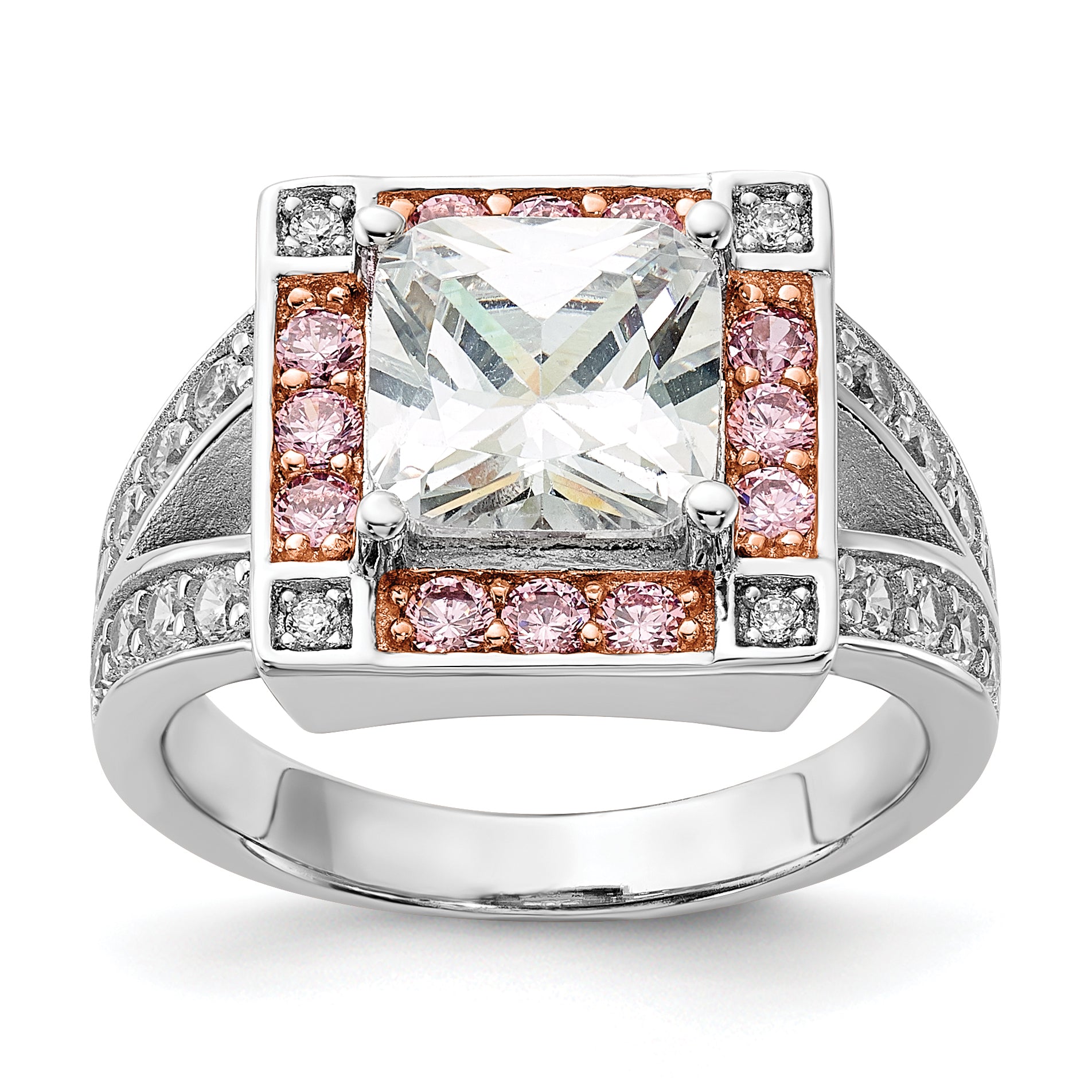 Sterling Silver w/ Rose-tone Vermeil Polished Square Pink & Clear CZ Ring