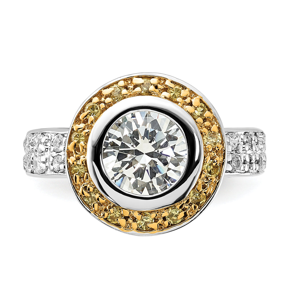 Sterling Silver & Gold-tone Vermeil Polished Yellow & Clear Cubic Zirconi Circle Ring