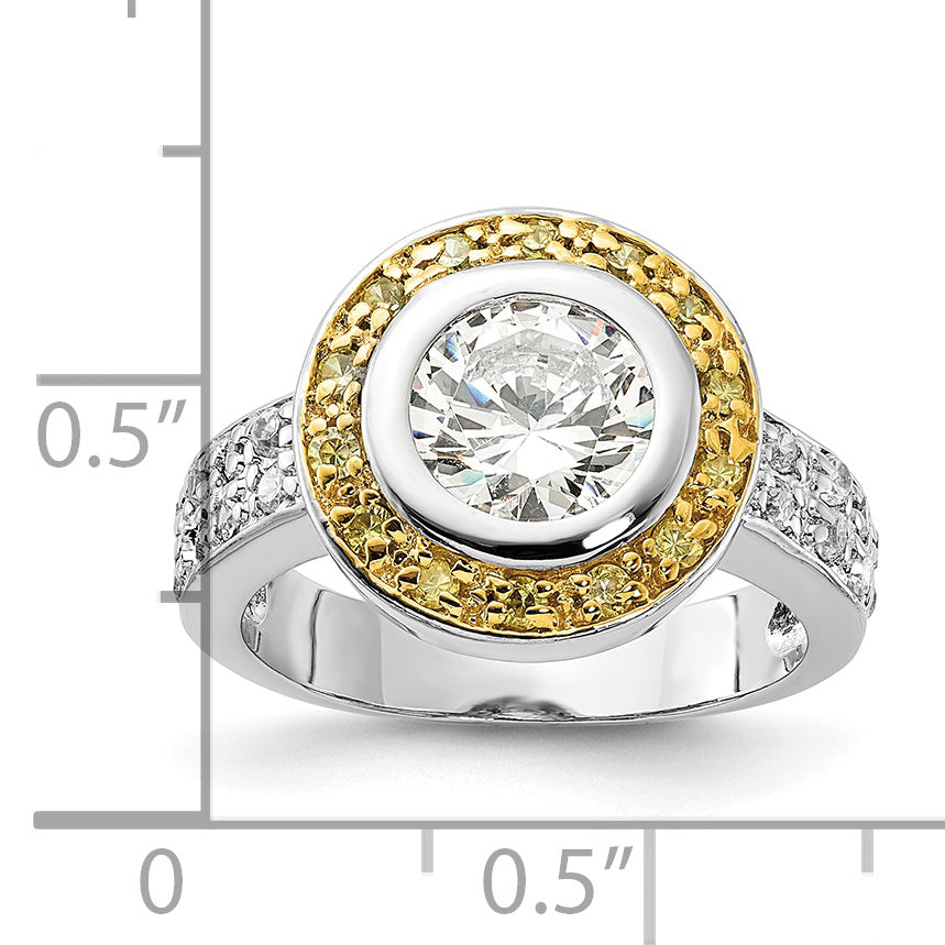 Sterling Silver & Gold-tone Vermeil Polished Yellow & Clear Cubic Zirconi Circle Ring