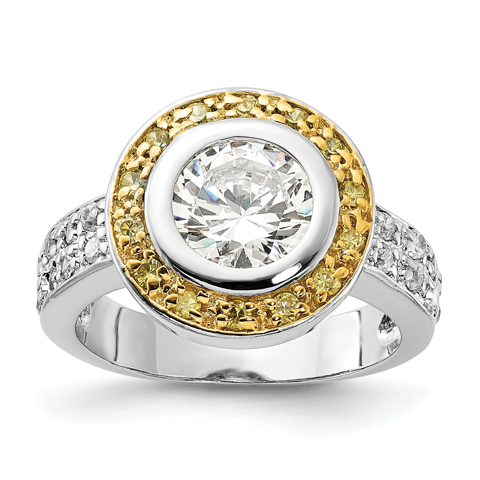Sterling Silver & Gold-tone Vermeil Polished Yellow & Clear Cubic Zirconi Circle Ring