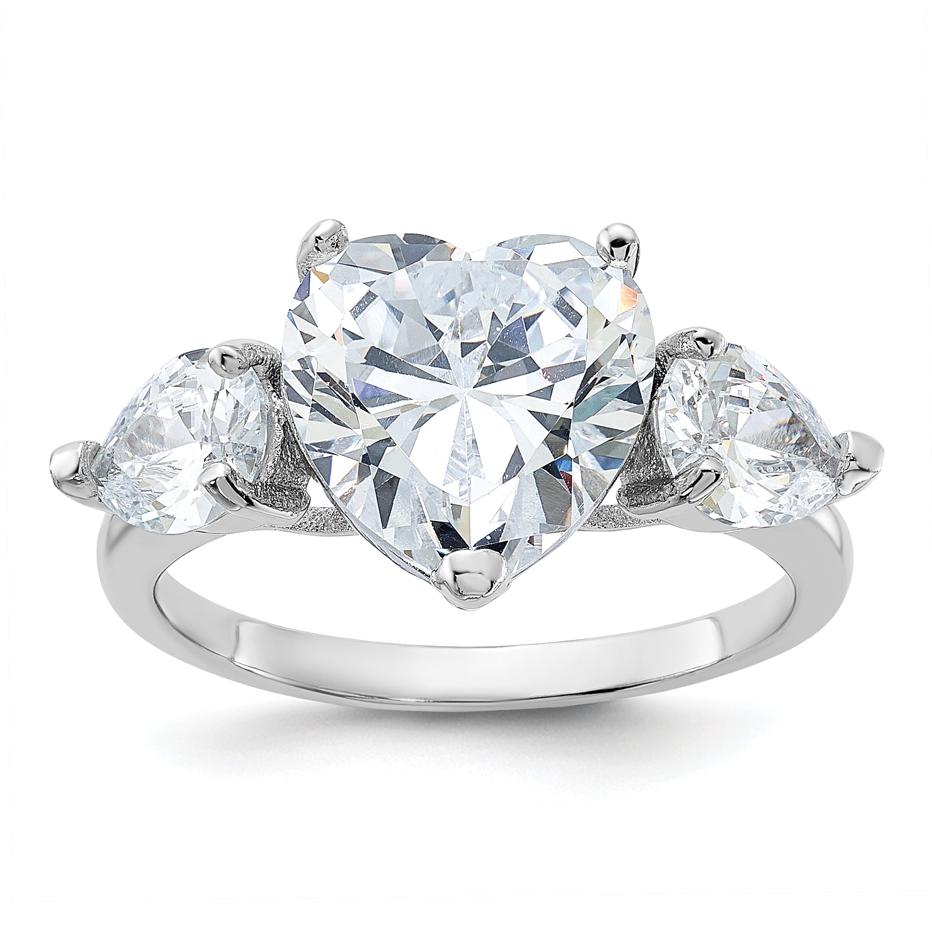 Sterling Silver Rhodium-plated Heart Shape Center CZ 3-Stone Ring Main image