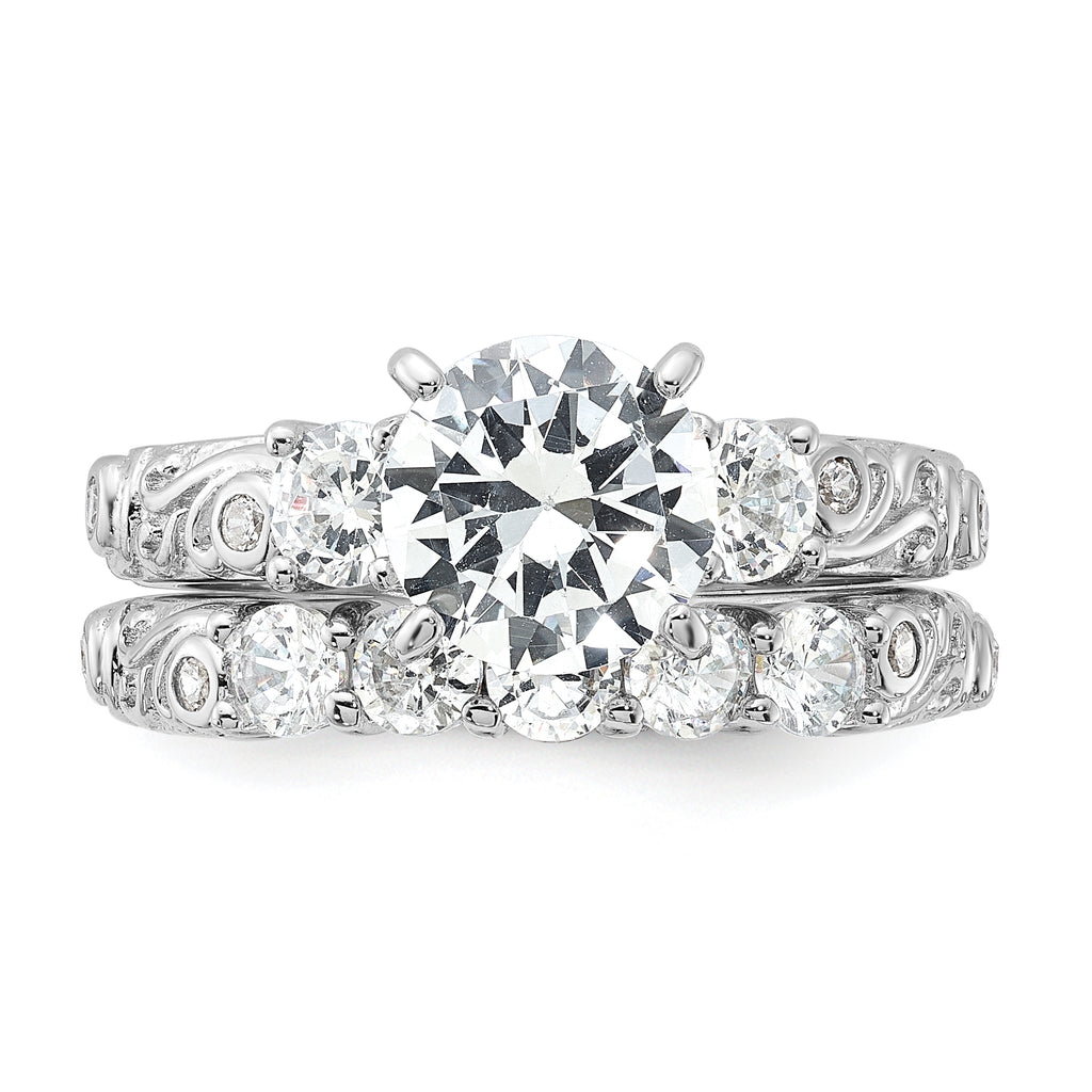Sterling Silver Rhodium-Plated 2-piece Cubic Zirconi Wedding Ring