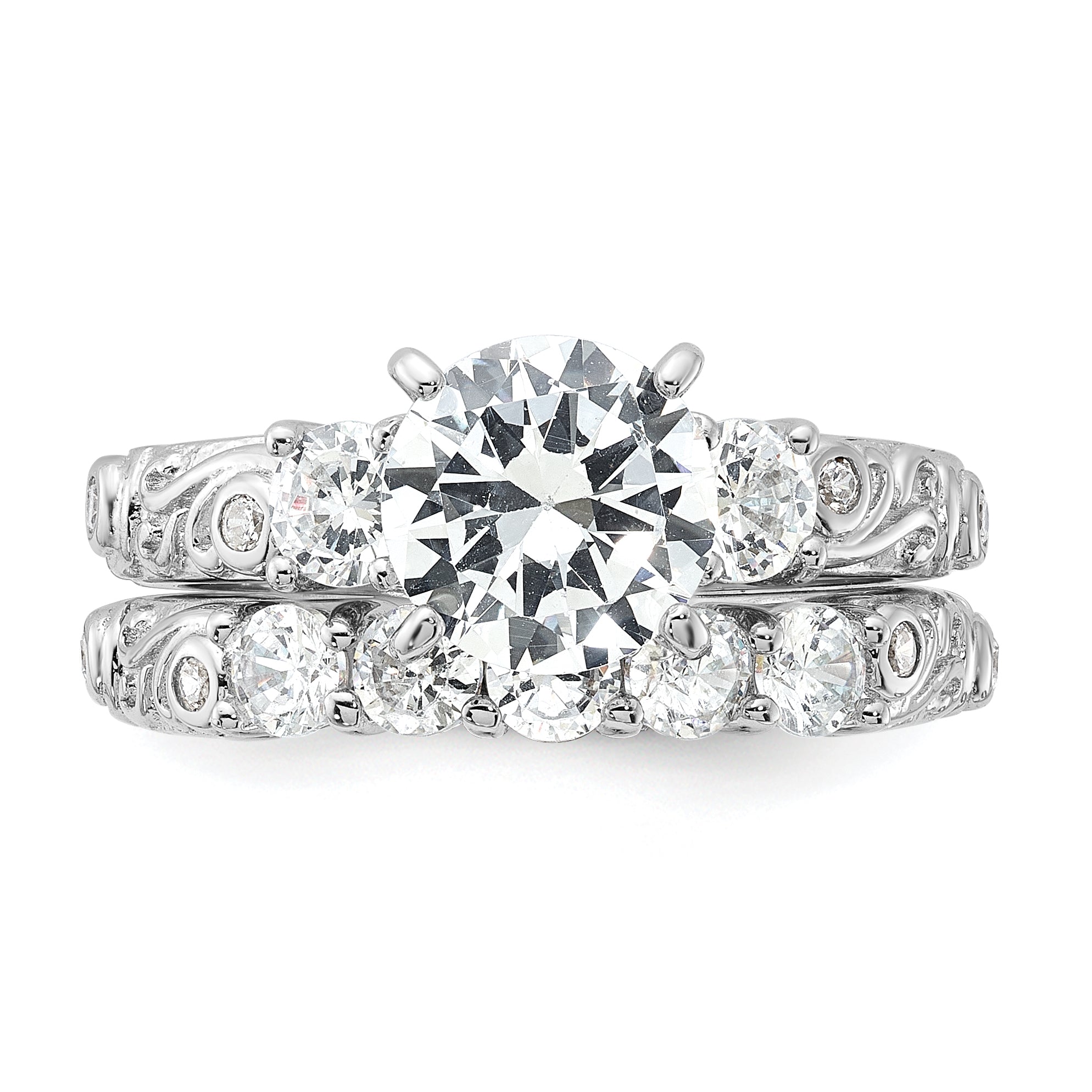 Sterling Silver Rhodium-Plated 2-piece Cubic Zirconi Wedding Ring