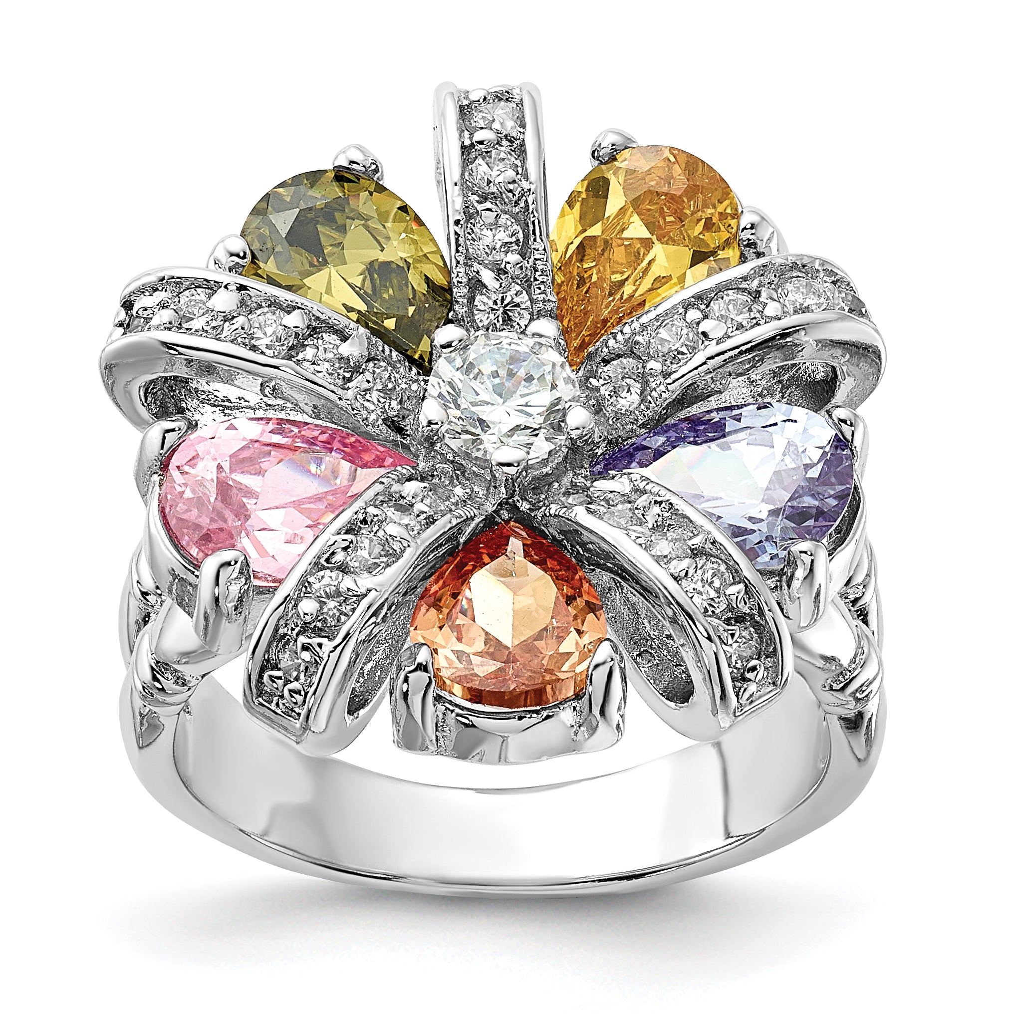 Sterling Silver Polished Multi-color CZ Floral Ring Main image