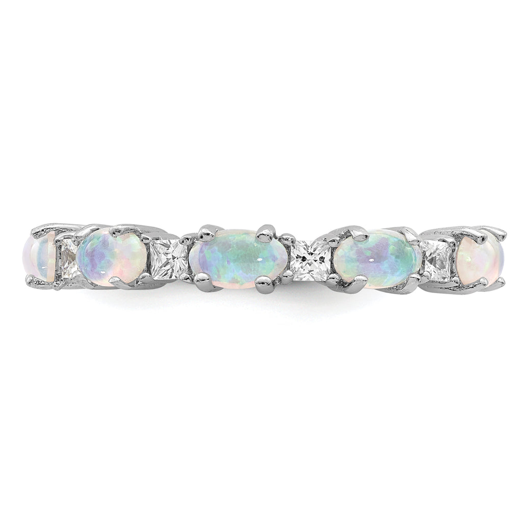 Sterling Silver Rhodium-Plated Lab Created Opal and Cubic Zirconi Ring