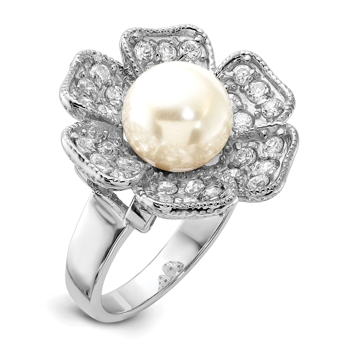 Simulated Pearl & Cubic Zirconia Flower Ring in Sterling Silver, Size 6–7 - Sophia Jewelers Main image