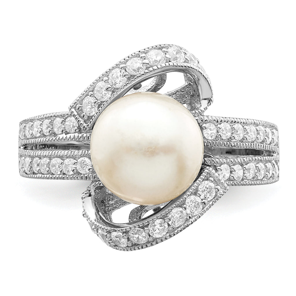 Sterling Silver Rhodium-plated Simulated Pearl and CZ Ring