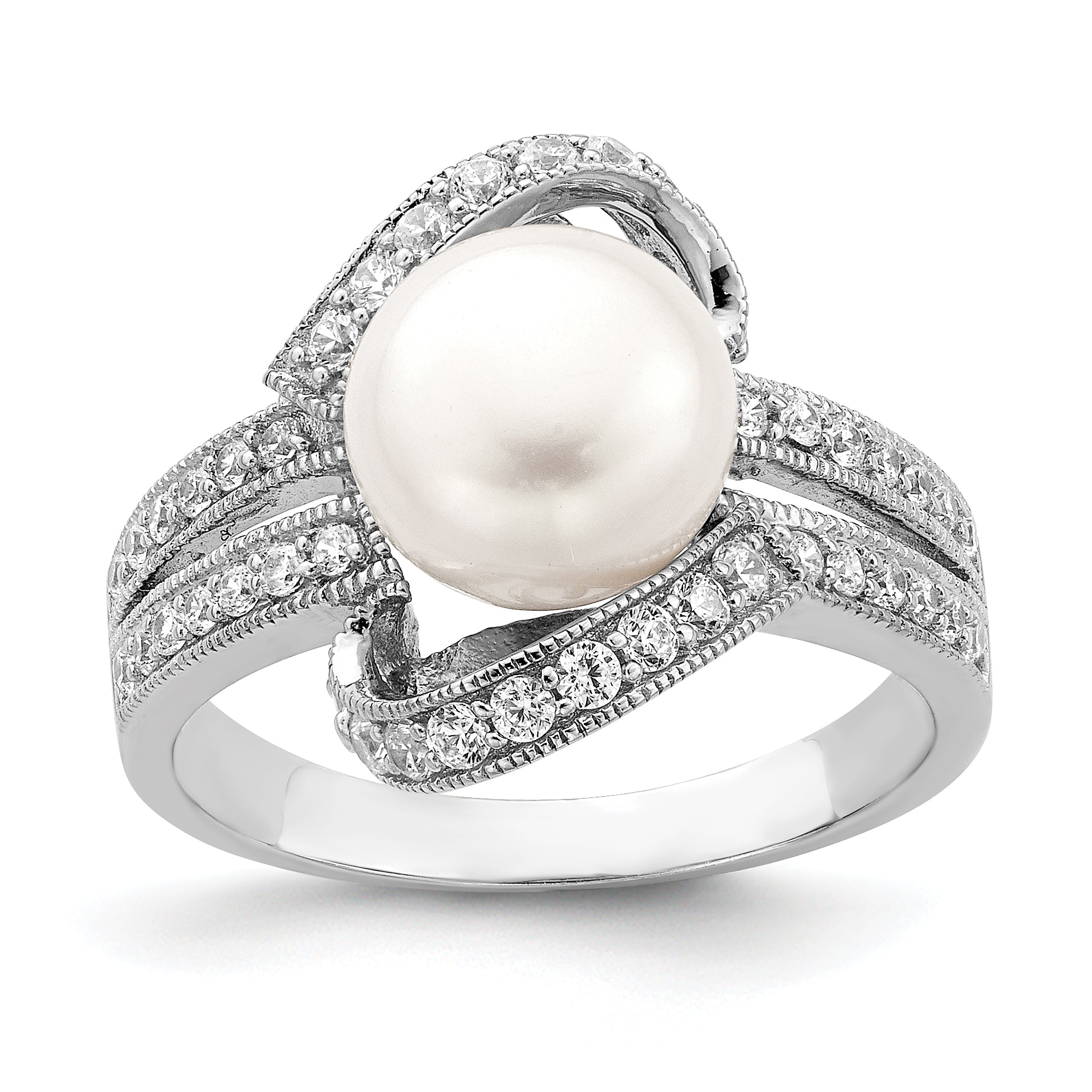 Sterling Silver Rhodium-plated Simulated Pearl and CZ Ring Main image
