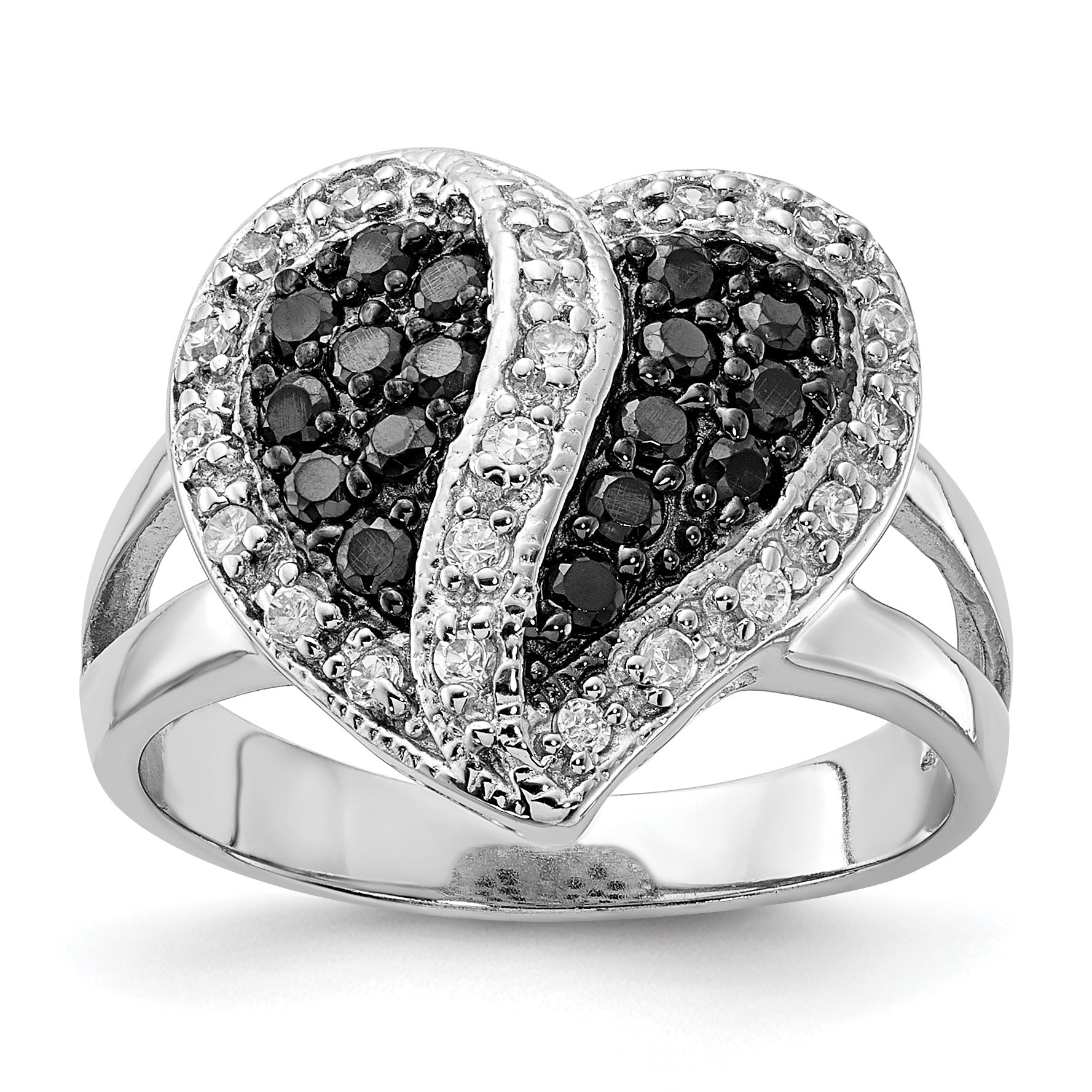 Sterling Silver Polished Black & Clear CZ Heart Ring Main image