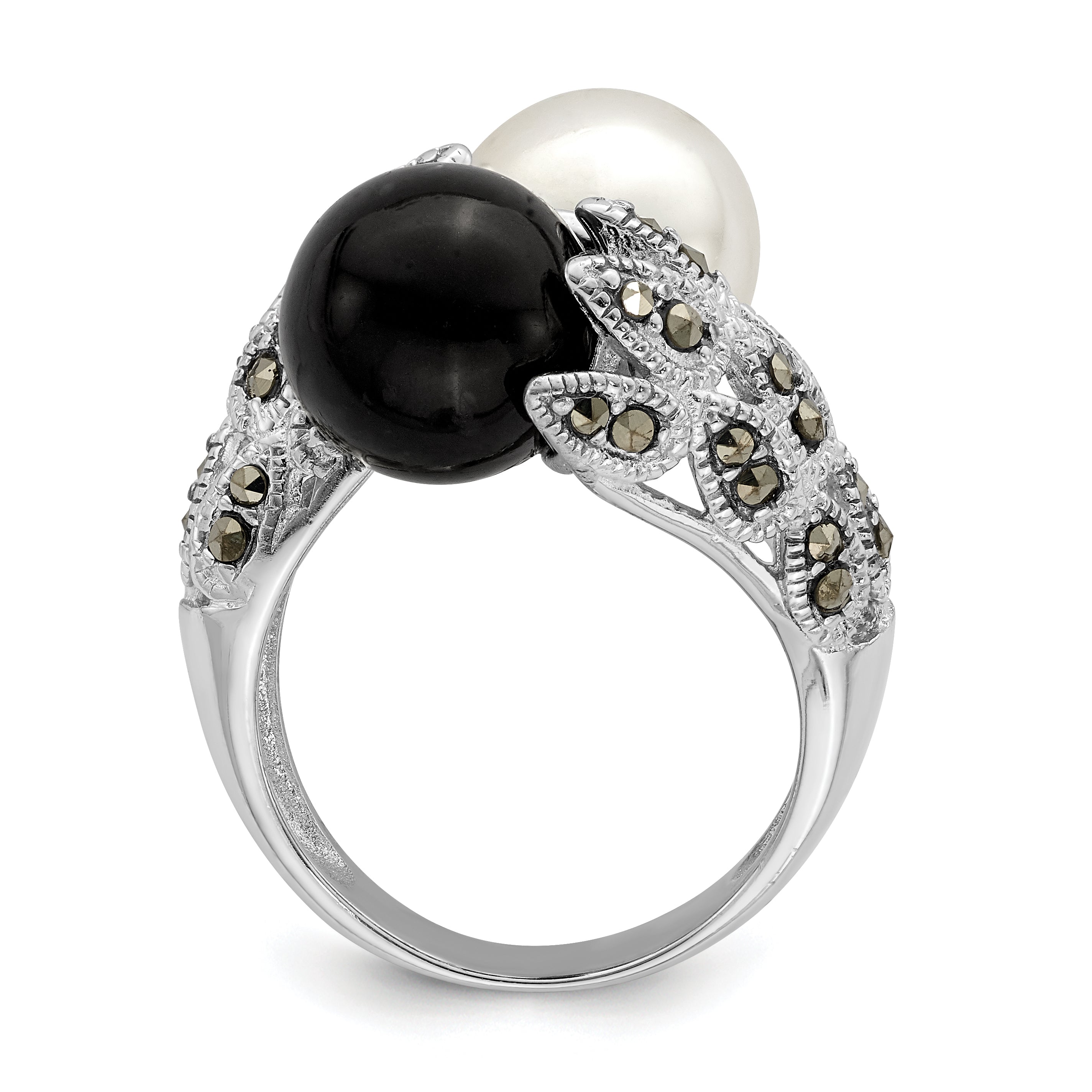 Sterling Silver Rhodium-plated Black and White Plastic Imitation Pearl Marcasite Ring Secondary image