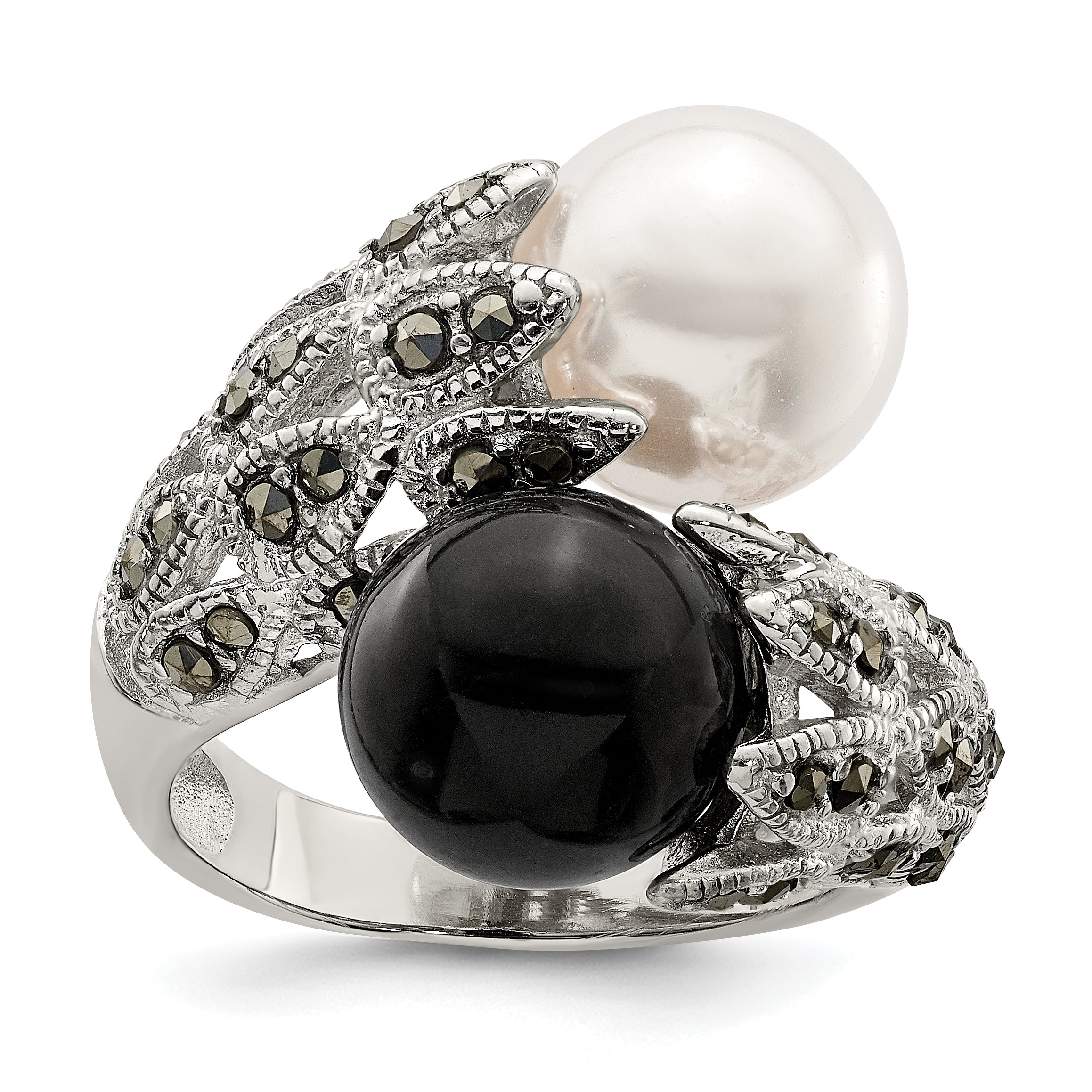Sterling Silver Rhodium-plated Black and White Plastic Imitation Pearl Marcasite Ring Main image