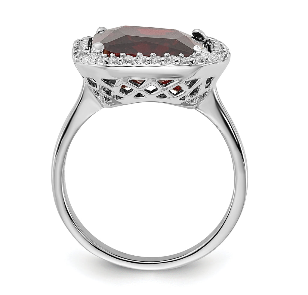 Sterling Silver Polished Red & Clear CZ Rectangle Halo Ring
