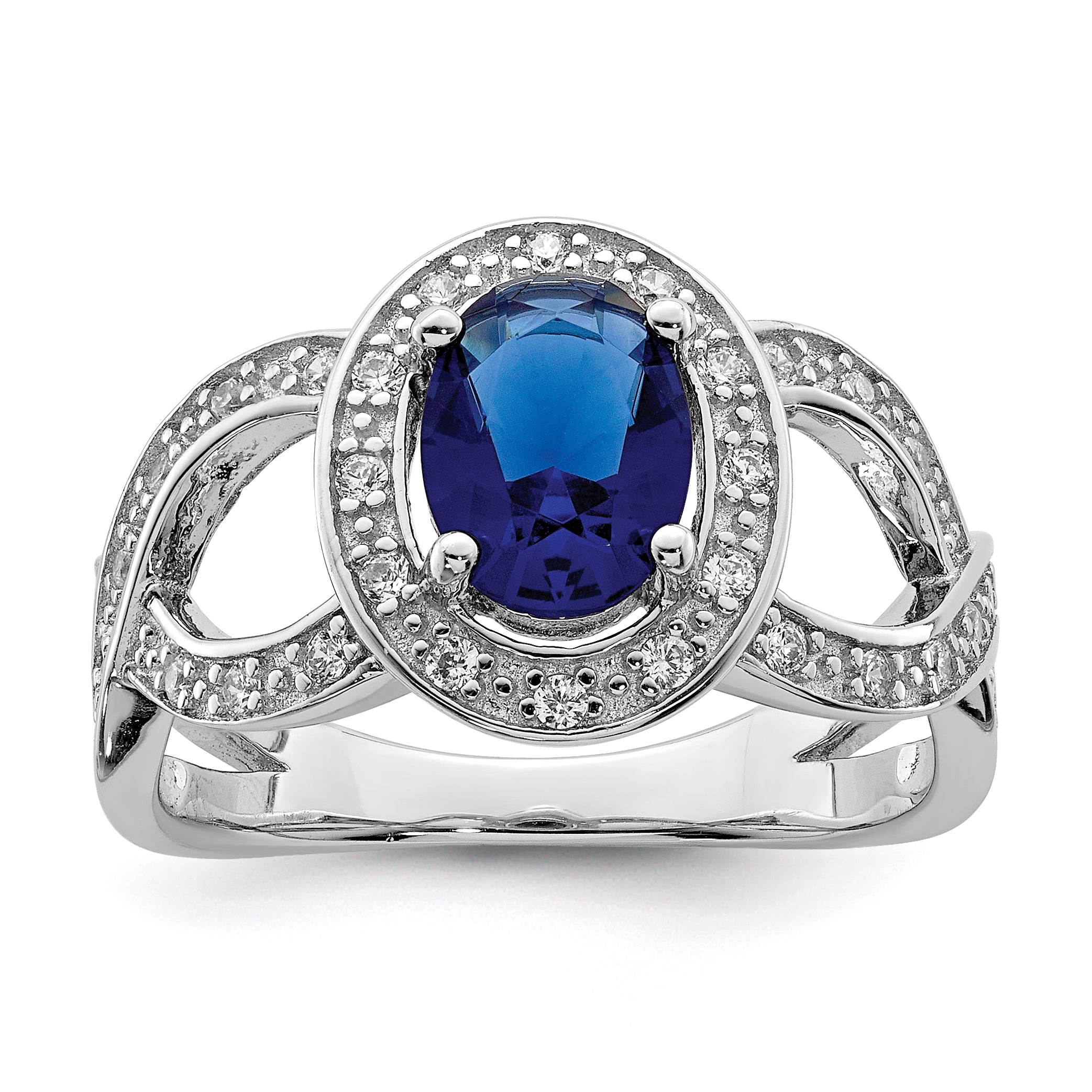Sterling Silver Rhodium-plated Dark Blue Glass and CZ Ring Main image