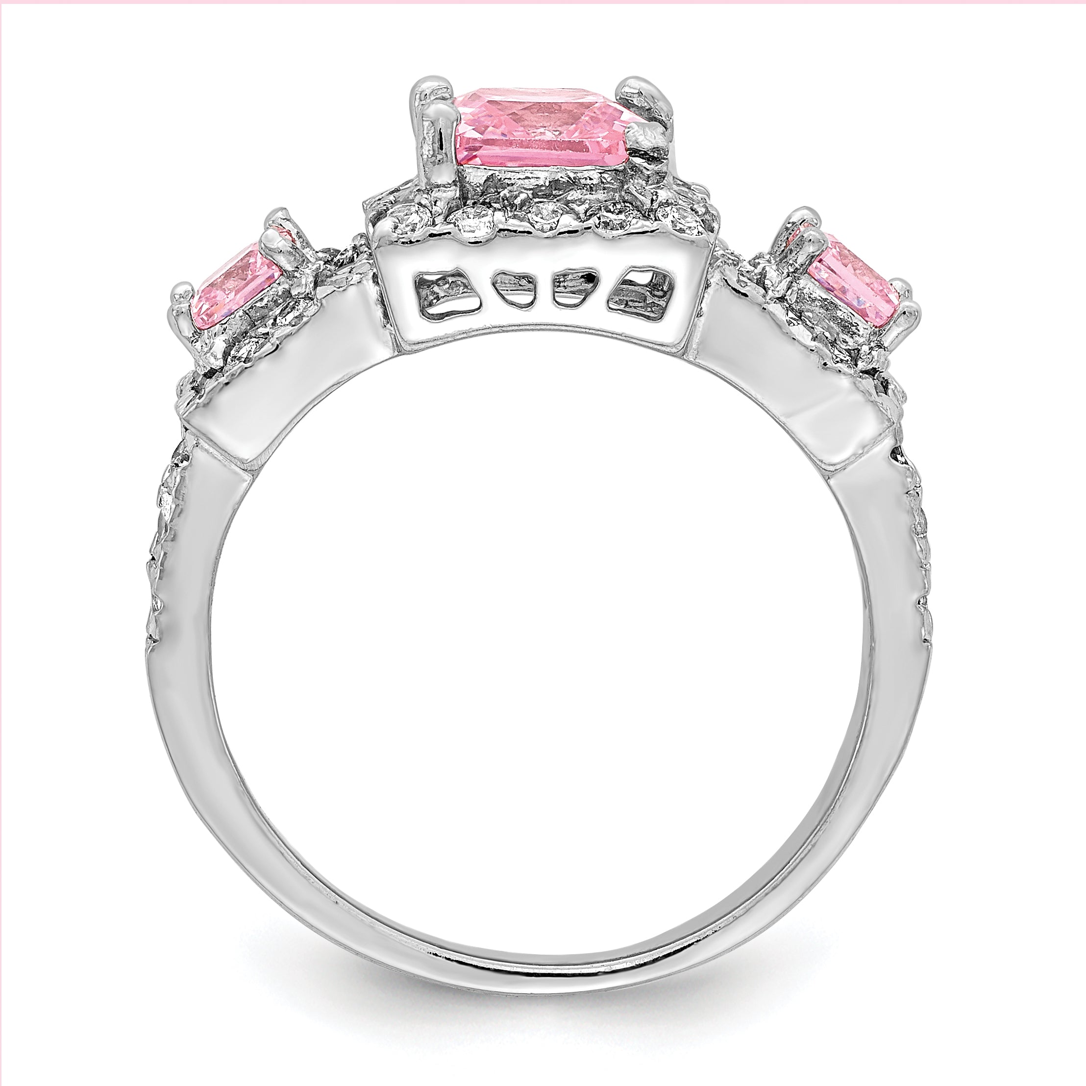 Sterling Silver Rhodium-Plated plated Pink Square Cubic Zirconi Ring