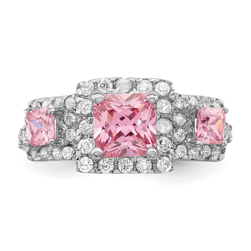Sterling Silver Rhodium-Plated plated Pink Square Cubic Zirconi Ring